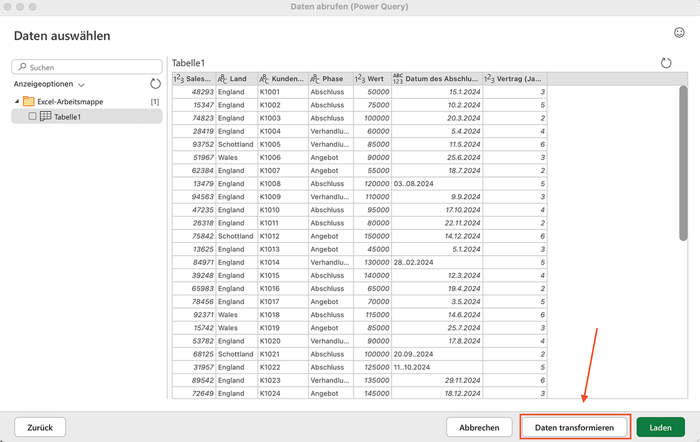 Power Query importierte Daten bereinigen und transformieren