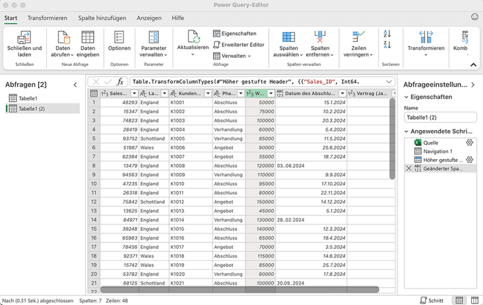 Power Query importierte Daten bereinigen und transformieren