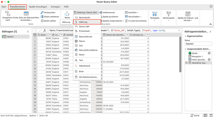 Power Query importierte Daten bereinigen und transformieren