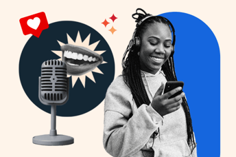 Frau hört spannende IT- und Tech-Podcast auf dem Smartphone