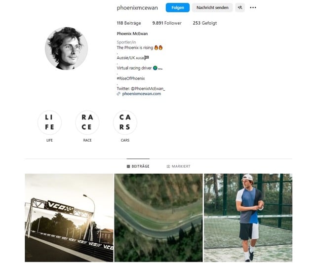 Screenshot von Phoenix McEwan Instagram Profil