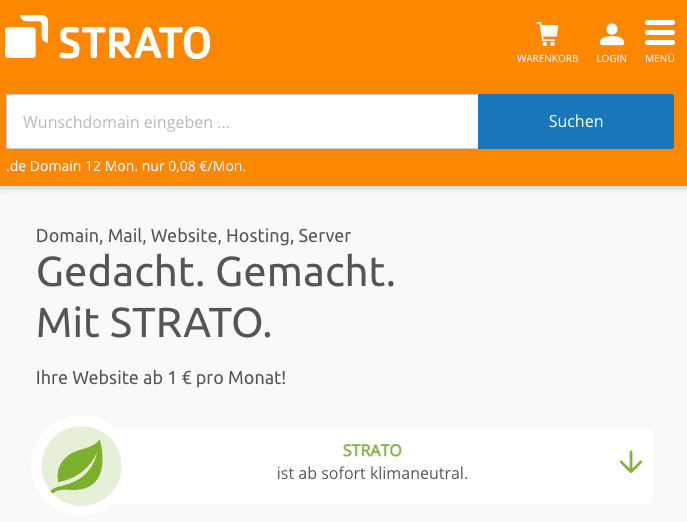 Screenshot Website Webhosting-Anbieter Strato