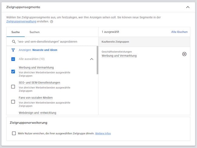 Screenshot: Google Anzeigen Zielgruppen Targeting allgemein und detailliert