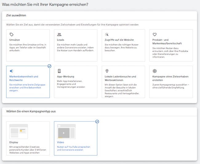 Screenshot: Google Anzeigen Kampagnenziel und Kampagnentyp