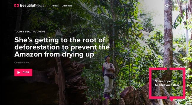 Beautiful News website features full-width video with pink button featuring duration time of video