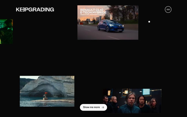 black and white website: KeepGrading homepage displays video thumbnails floating against black background