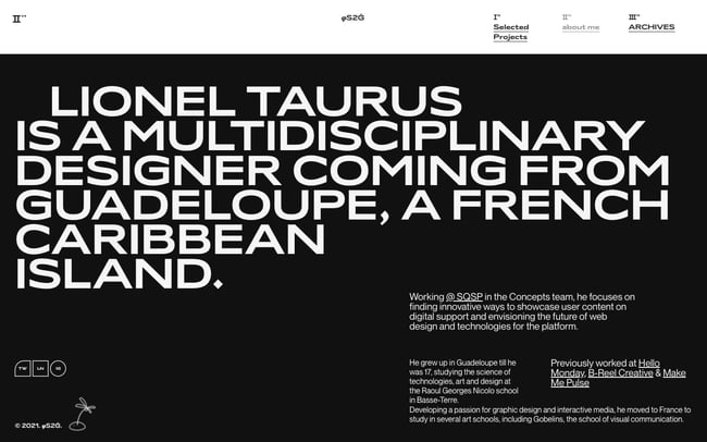 black and white website: Lionel Taurus About Page features unique layout with bold typography