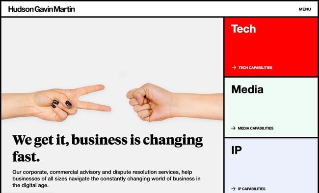 black and white website: Hudson Gain Martin homepage is a unique grid with color hover animations