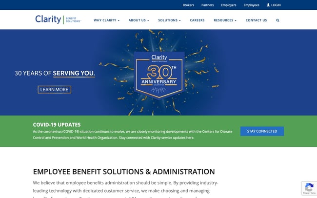 brochure website example:Clarity Benefit Solutions inviting visitors to stay connected