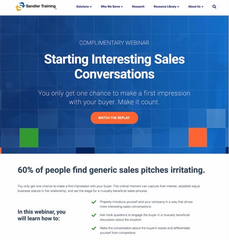 webinar landing page examples: sandler