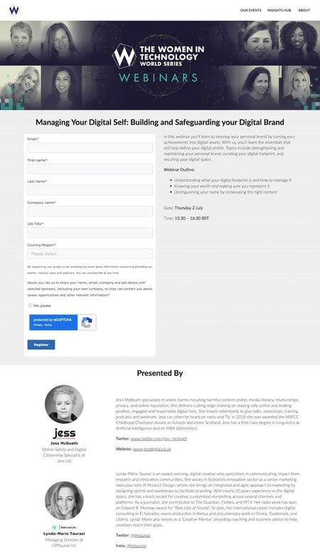 webinar landing page examples: the women in technology world series