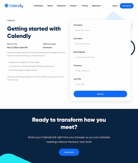 webinar landing page examples: calendly