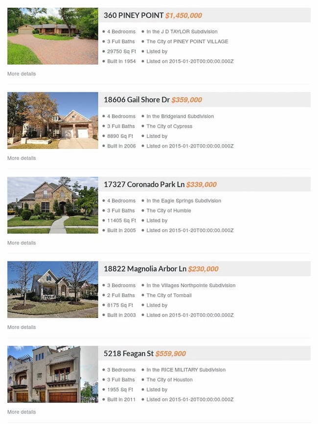 WordPress MLS plugins: SimplyRETS plugin demo with five property listings