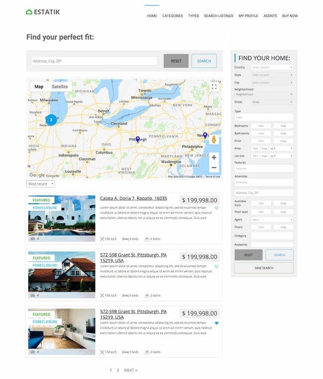 WordPress MLS plugins: Estatik Real Estate Plugin demo with comprehensive search form in sidebar