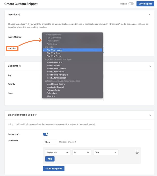 adding javascript to wordpress: creating a custom snippet with conditional logic in wp code