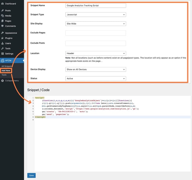 adding javascript to wordpress: adding snippet code in header footer code manager