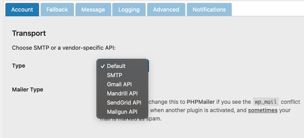 Selecting default mailer type in Post SMTP plugin settings page