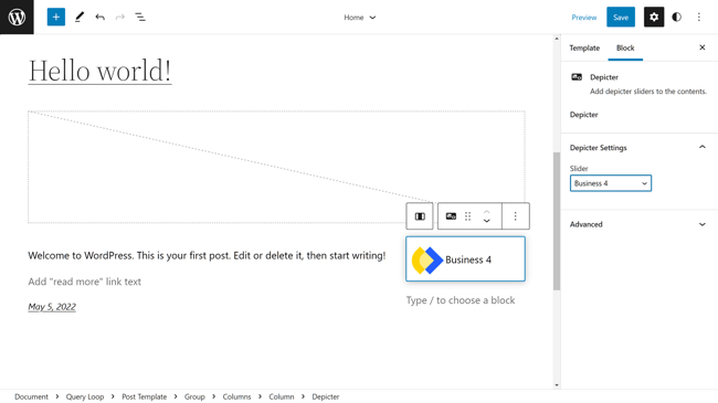 Depicter Site Editor in Gutenberg