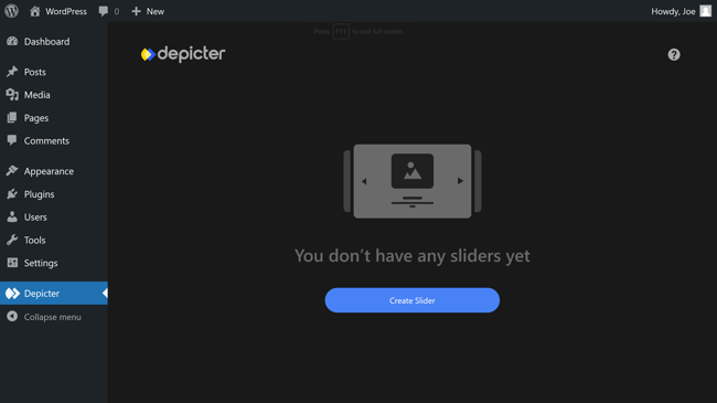 Depicter Dashboard with CTA to create slider