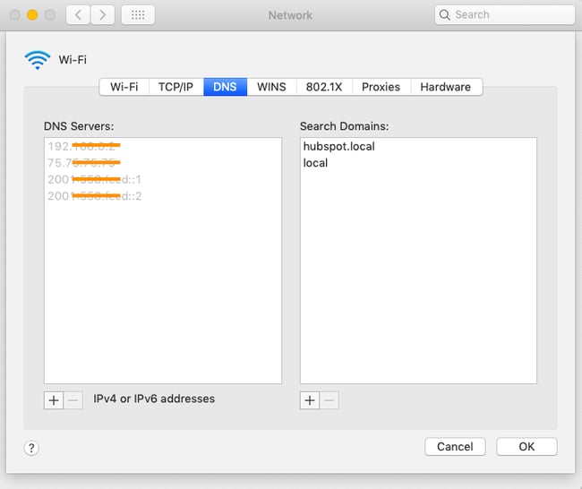 DNS tab of Network in Mac OS System Preferences shows DNS servers