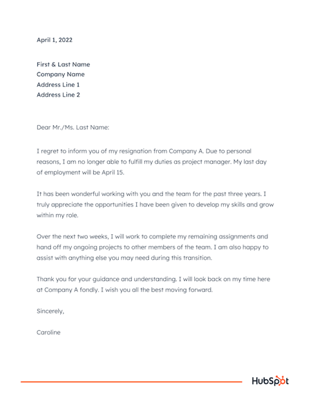 personal resignation letter sample