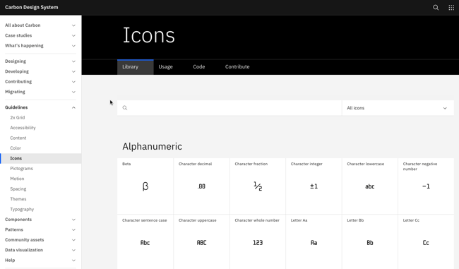 design system component 6: Icon Library of IBM's Carbon design system