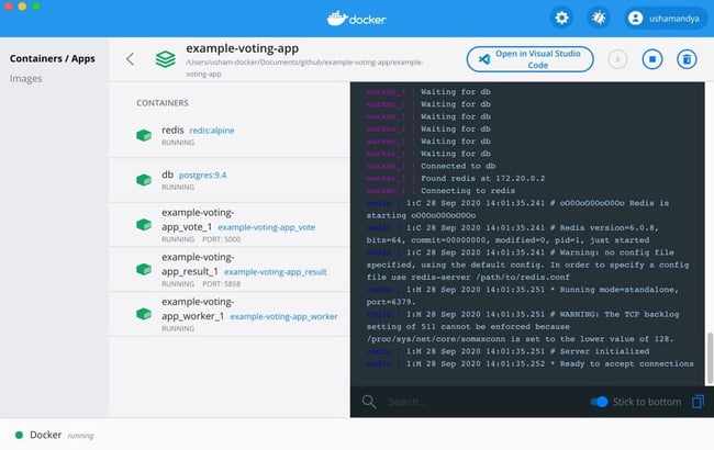 Docker Dashboard showing the status of containers