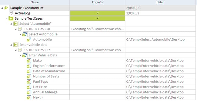 Tosca test case view showing real-time execution status