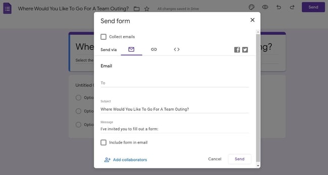 how to create a survey in google forms step 1:  send to recipients