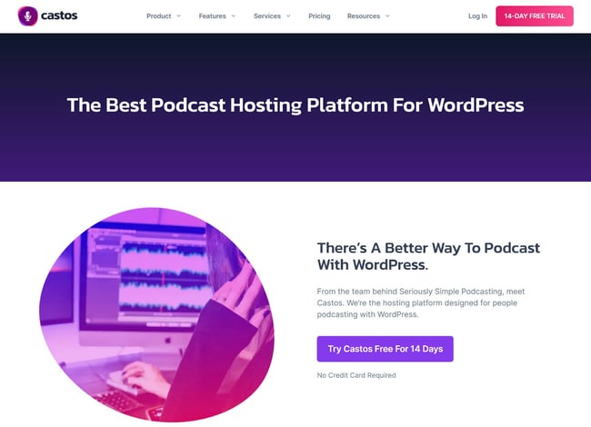 Castos landing page with value proposition that it's the best podcast hosting platform for WordPress