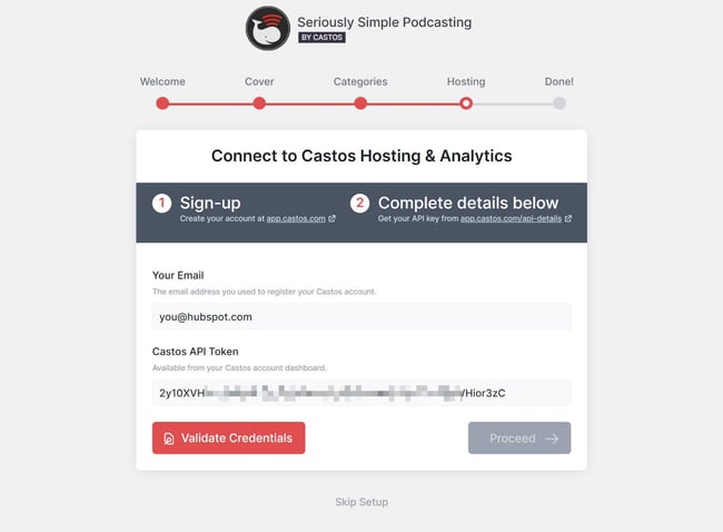 Seriously Simple Podcasting Installation wizard asking user to validate credentials