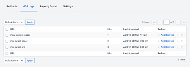 AIOSEO 404 logs showing three entries