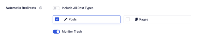 AIOSEO plugin settings with automatic redirects set for posts
