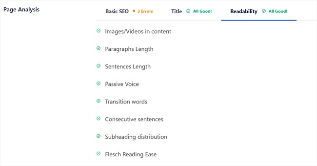 AIOSEO page analysis for readability shows post meeting all criteria including images, paragraph and sentence length, transition words