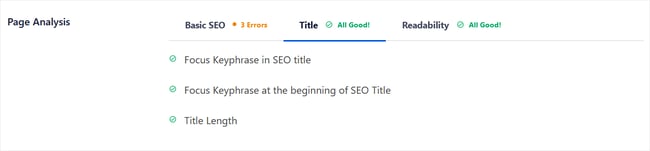 AIOSEO page analysis includes whether title meets keyword and length criteria 