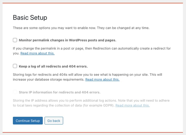 setup page for the wordpress redirect plugin redirection