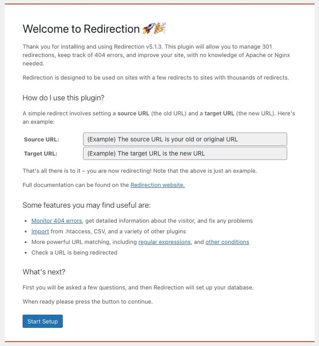 welcome page for the wordpress redirect plugin redirection