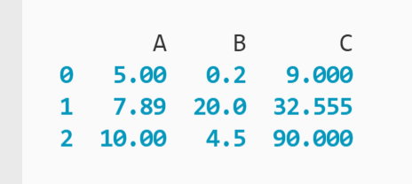 DataFrame with three rows and three columns of whole and decimal numbers printed to the terminal