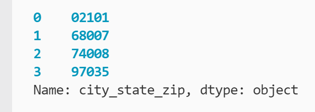 Series showing four rows of ZIP codes printed to the terminal