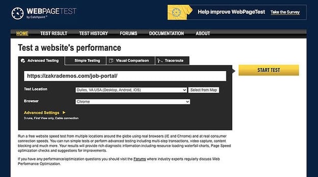 Enter website URL into WebPageTest tool to check WordPress themes loading speed