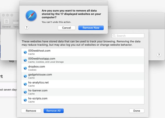 How to fix too many redirects error step #3:click remove all and remove now to clear cache in safari