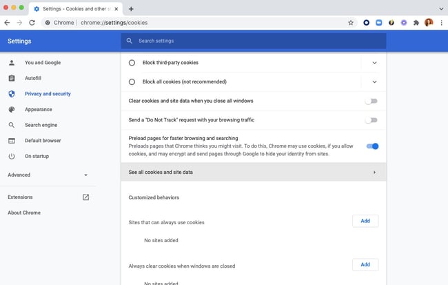 How to fix too many redirects error step #3:Click see all cookies and other data on Chrome