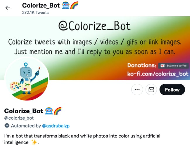 Colorize Twitter bot landing page includes directions for using bot