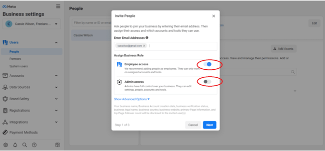 how to use facebook meta business manager: access toggles