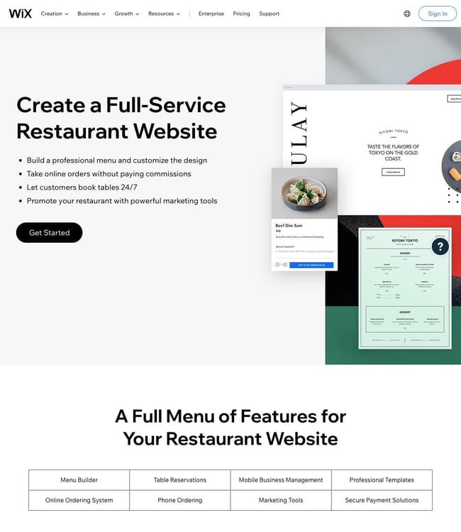 Wix landing page displaying its restaruant website features including a menu builder and online ordering system