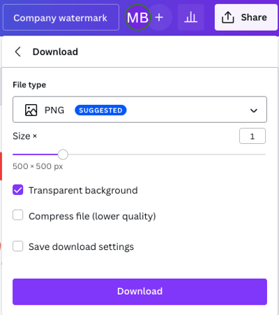 how to create a watermark on Canva step 5: Menu sidebar with "transparent background" selected