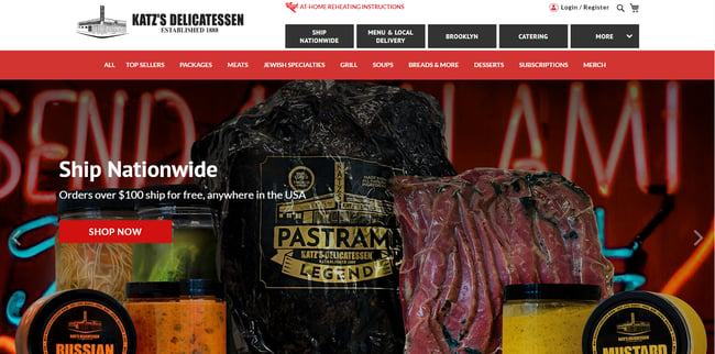 homepage for the katz's deli website