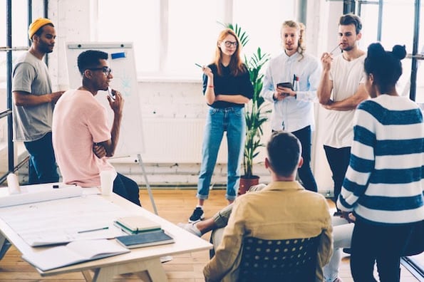 group of people in an office having a design thinking brainstorming session