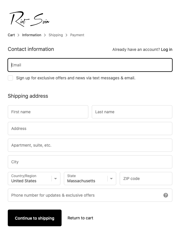 Riot Swim's checkout process is broken down into smaller steps in accordance with Hick's Law