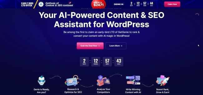 website for the AI content writing tool GetGenie